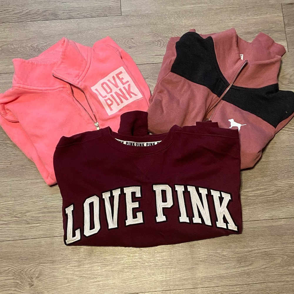 A bundle of 3 Pink Victoria Secret sweatshirts all size M